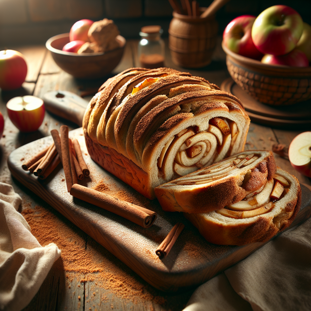 Sliced apple cinnamon bread showing cinnamon swirl and apple pieces on a wooden cutting board