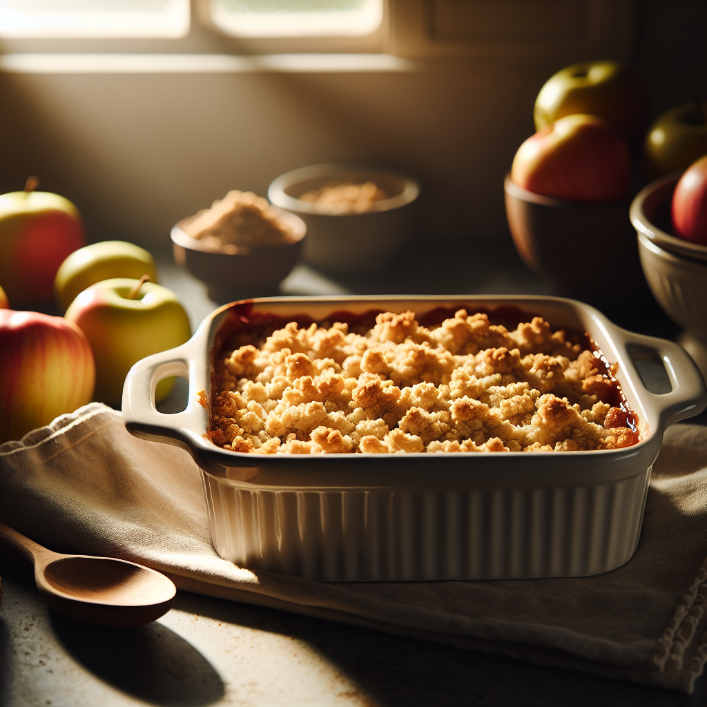 Bubbling apple crisp with golden oat topping in a white baking dish