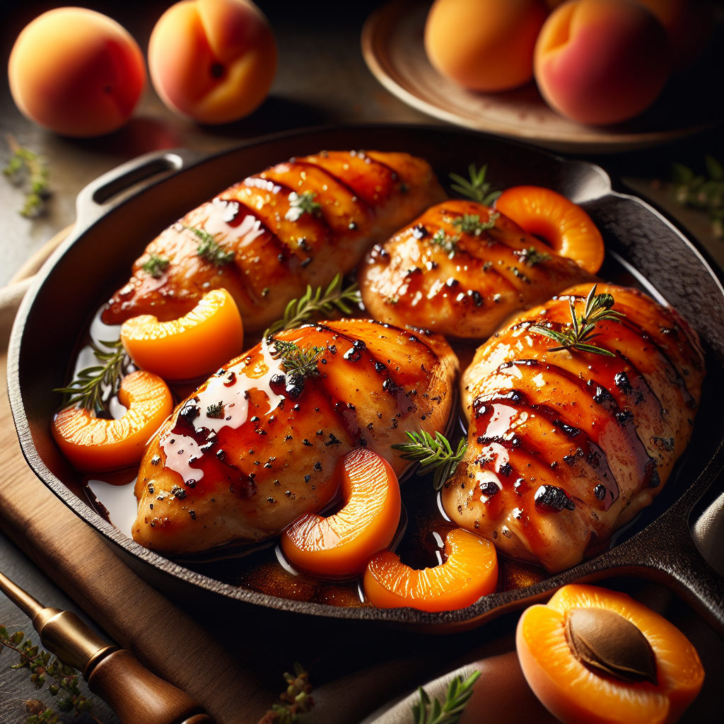 Glazed apricot chicken breasts with golden sauce and fresh herbs in a skillet