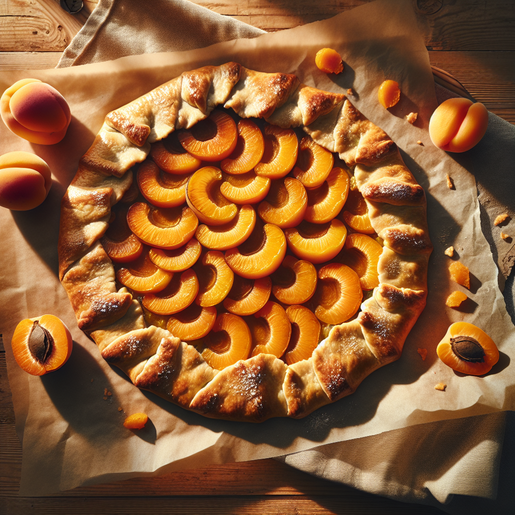 Rustic apricot galette with golden pastry and caramelized apricot halves on parchment paper