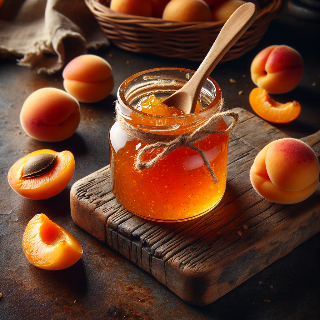 Jar of golden apricot jam with fresh apricots and a spoon on a rustic wooden table