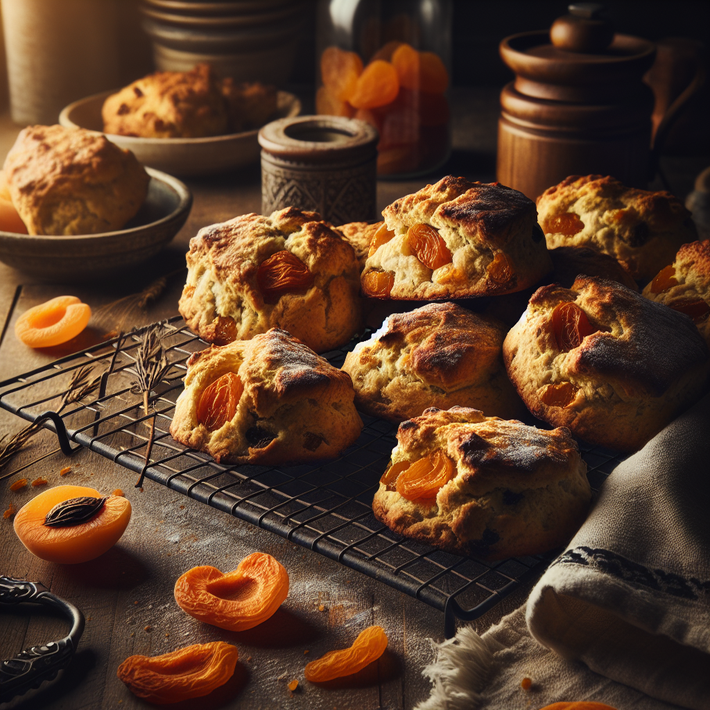 Golden apricot scones with visible dried apricot pieces on a wire cooling rack
