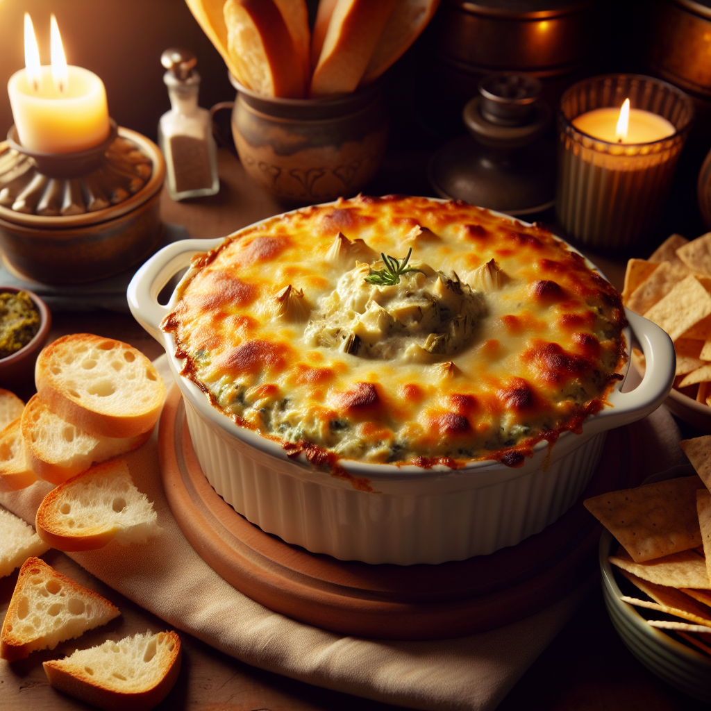 Creamy golden artichoke dip in baking dish