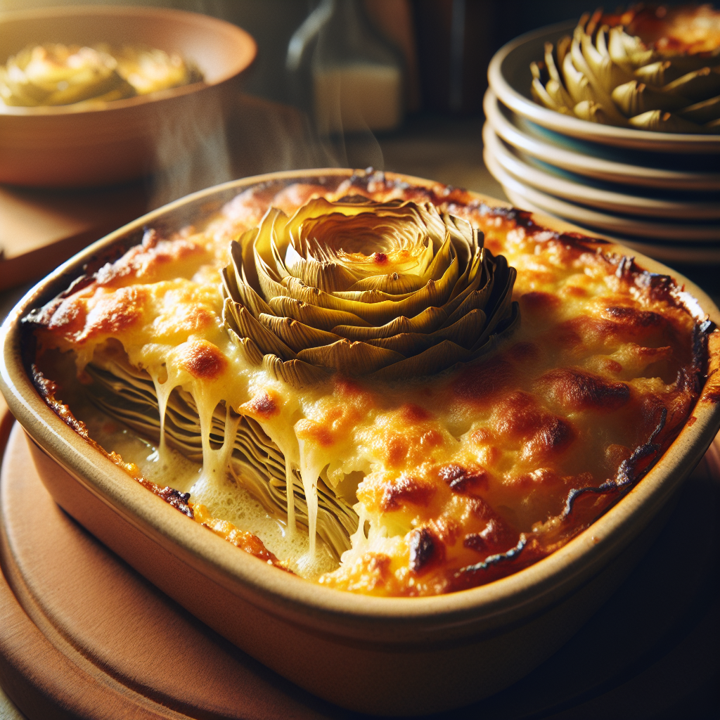 Golden bubbling artichoke gratin in baking dish