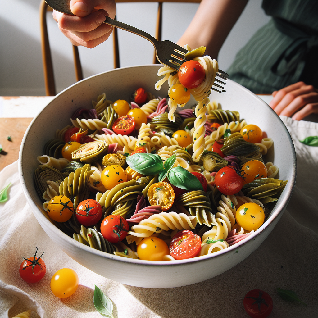 Colorful pasta with artichokes and cherry tomatoes
