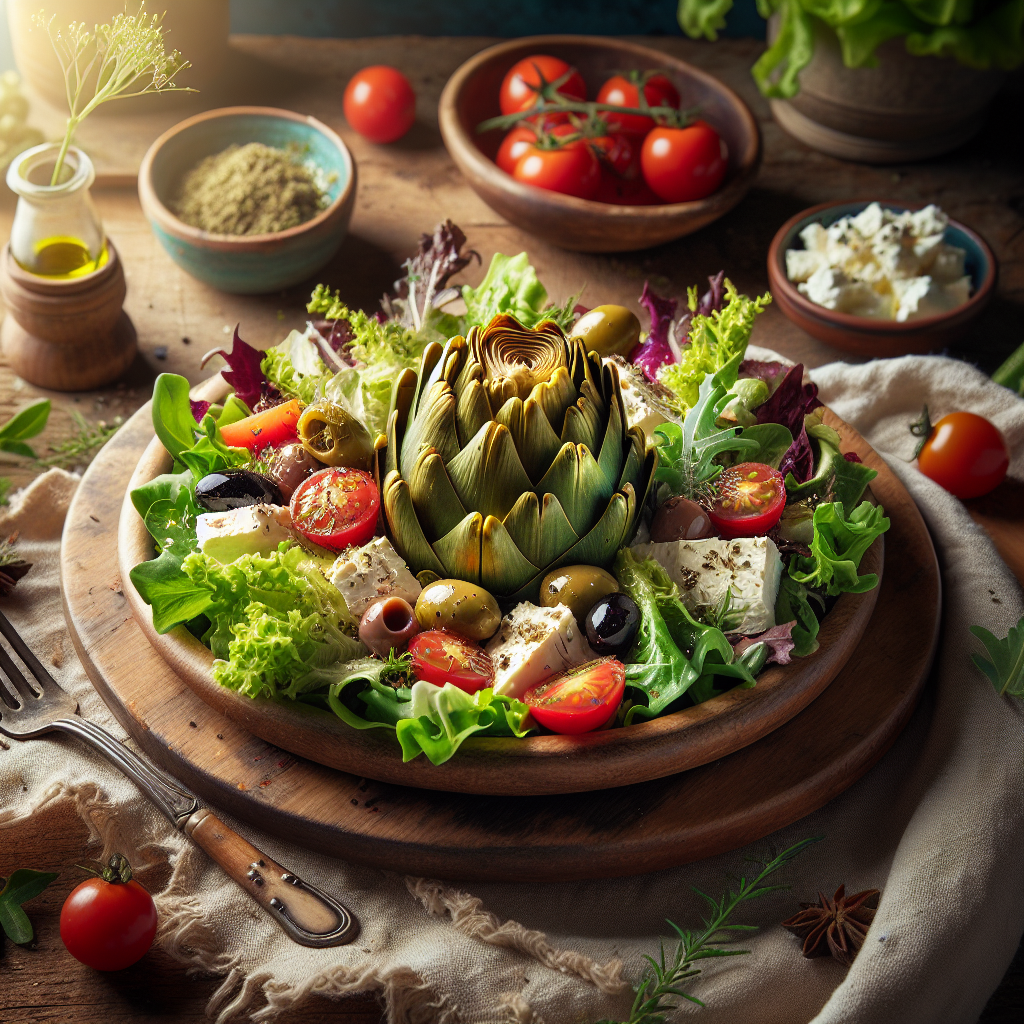 Colorful Mediterranean artichoke salad with feta
