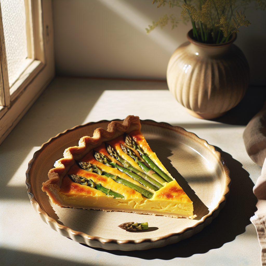 Golden asparagus quiche slice on plate