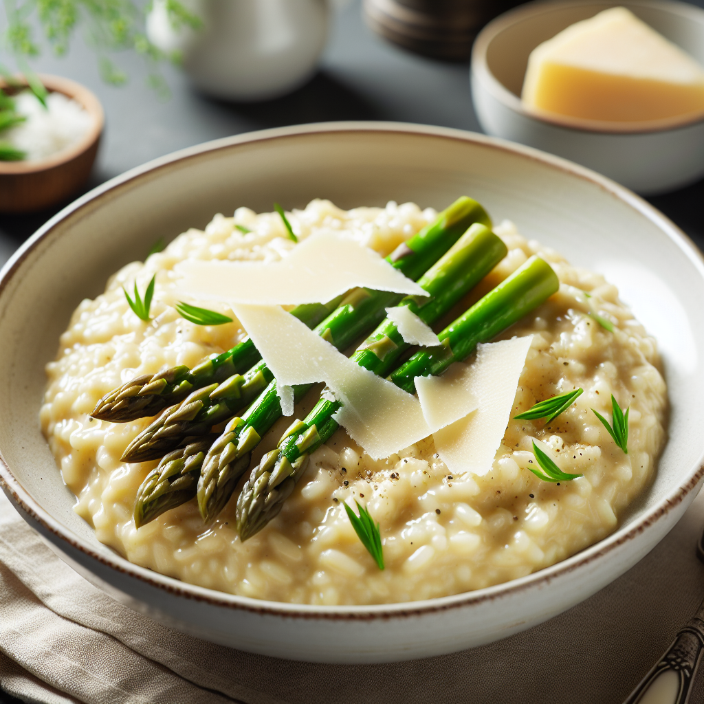 Creamy asparagus risotto in white bowl