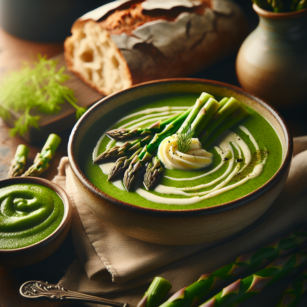 Creamy green asparagus soup in white bowl