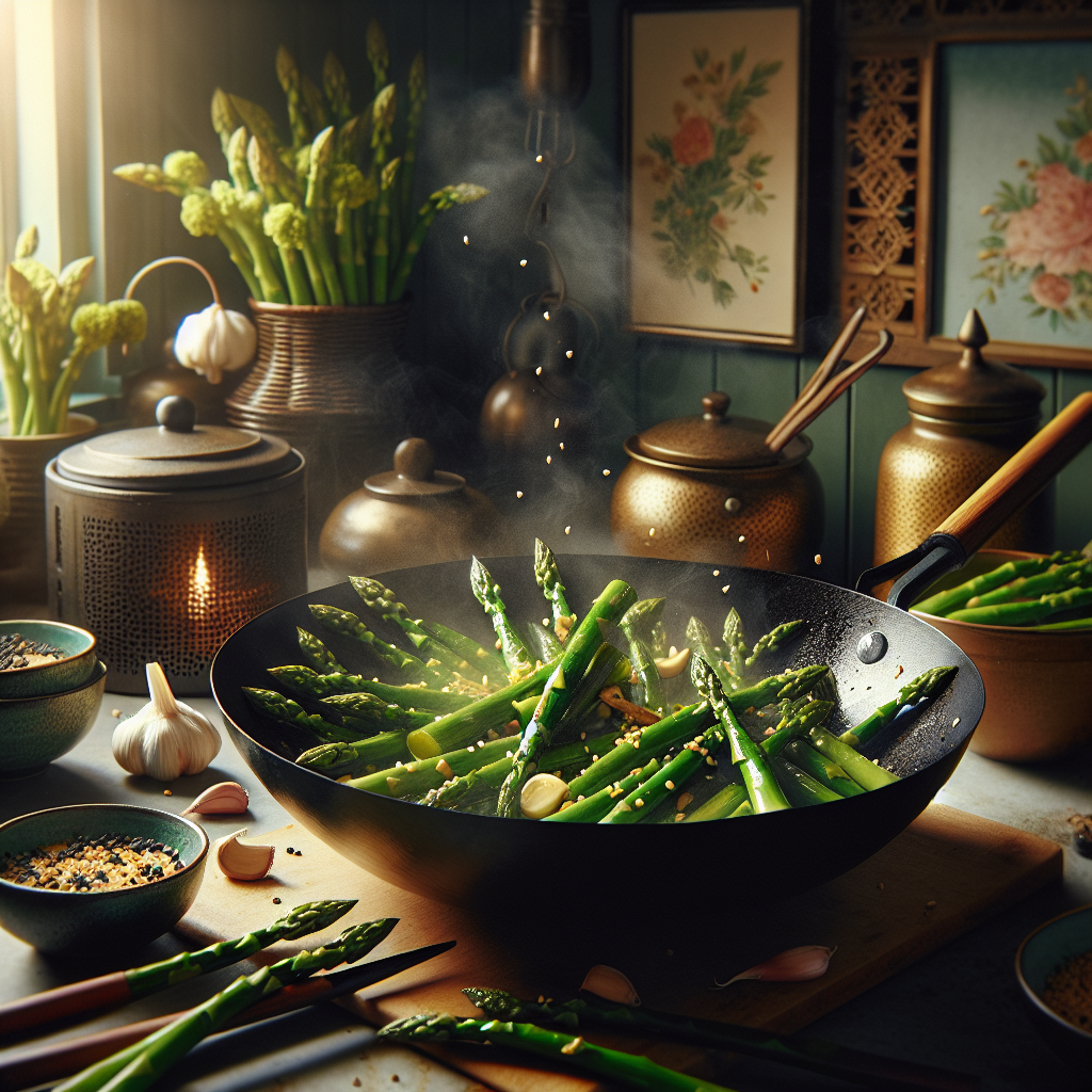 Bright green asparagus stir-fry in wok