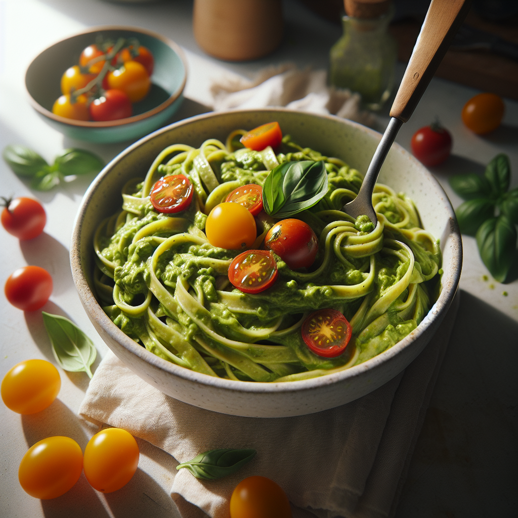 Creamy green avocado pasta with cherry tomatoes