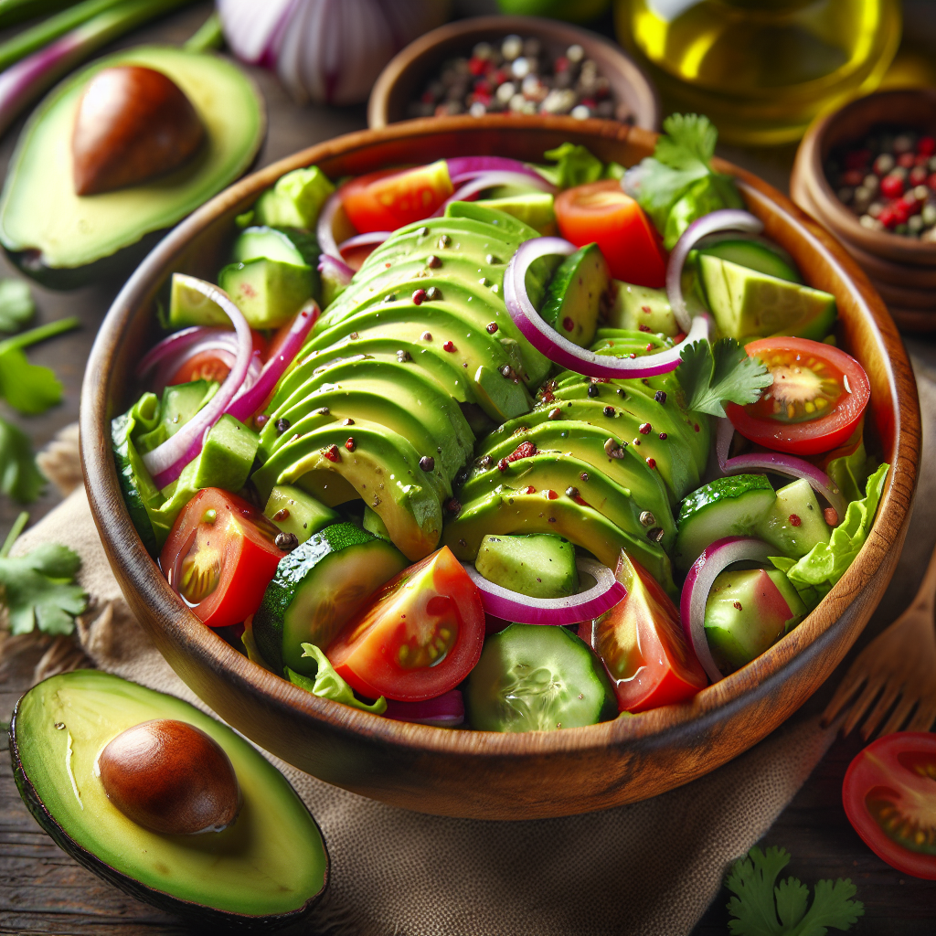 Colorful avocado salad with cucumber and tomatoes