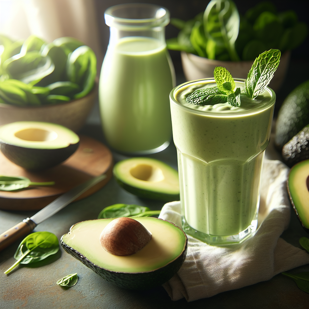 Creamy green avocado smoothie in tall glasses
