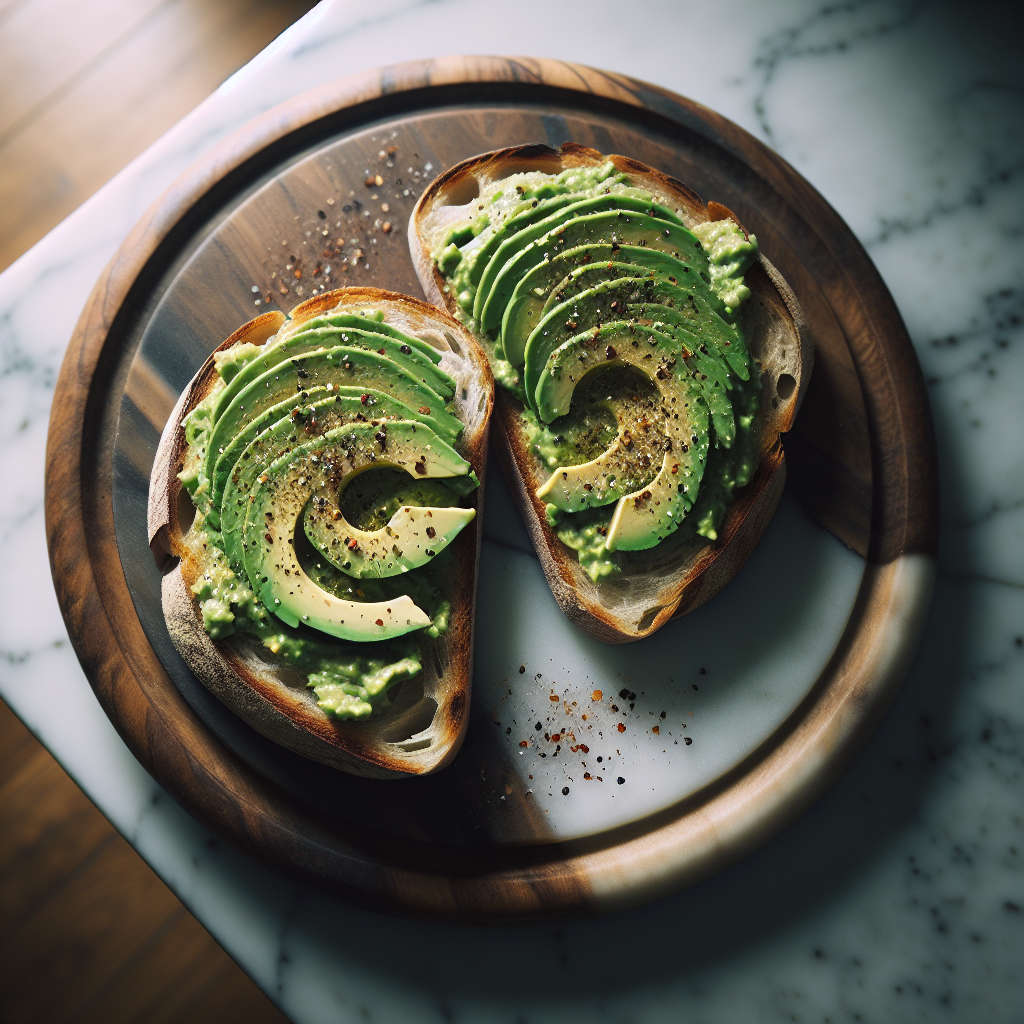 Golden toast topped with mashed avocado and seasonings