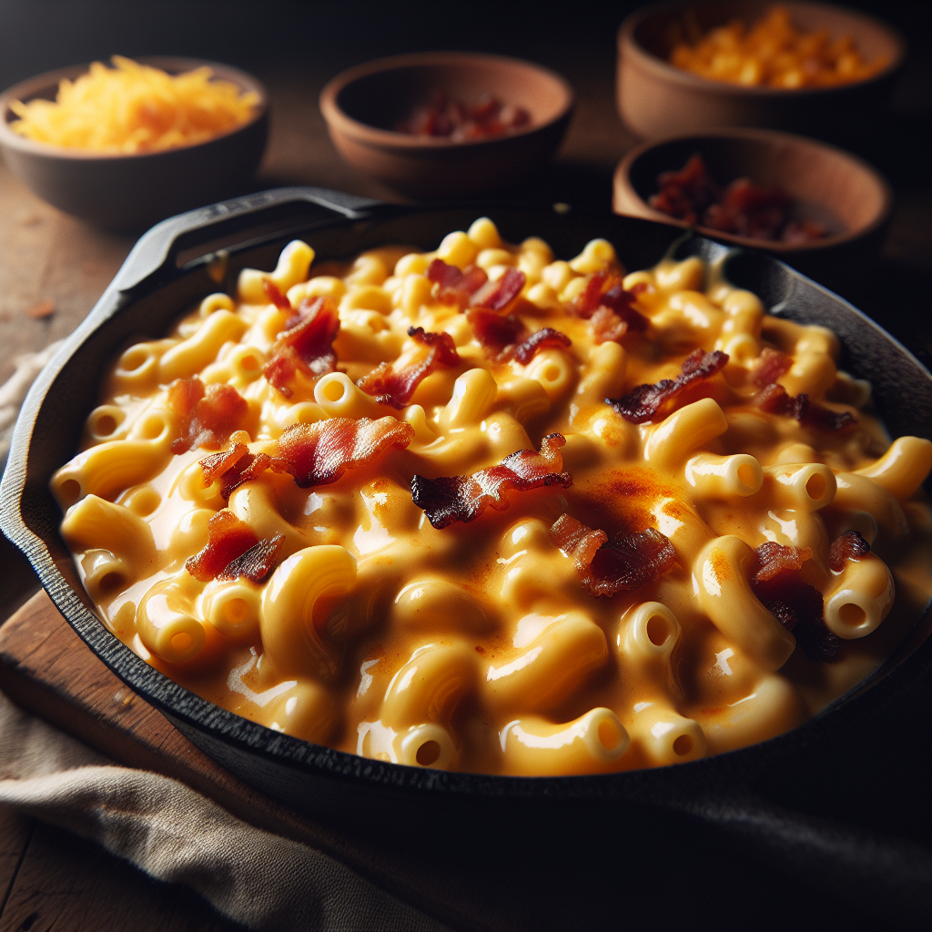 Creamy mac and cheese with bacon pieces
