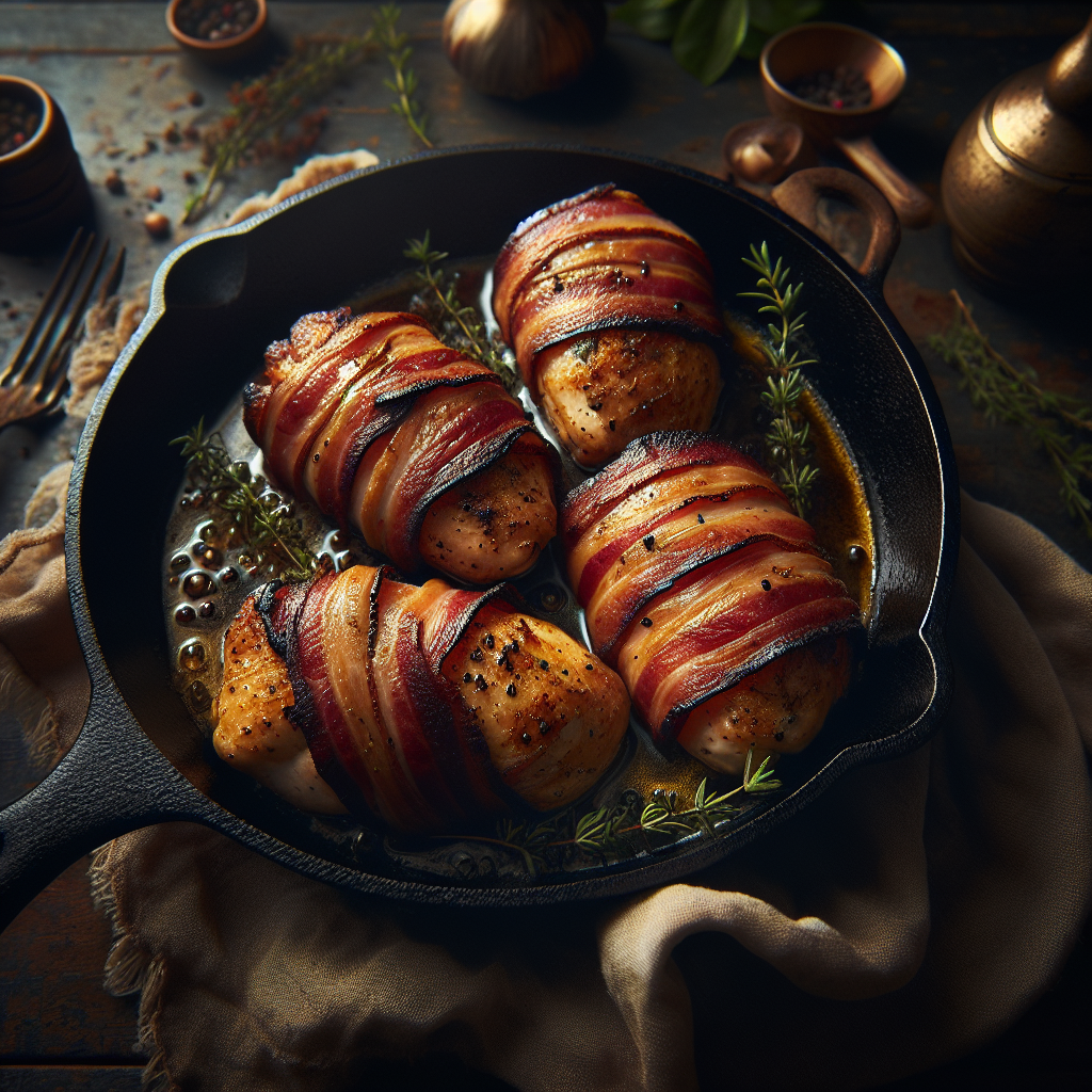 Golden bacon wrapped chicken breasts in skillet