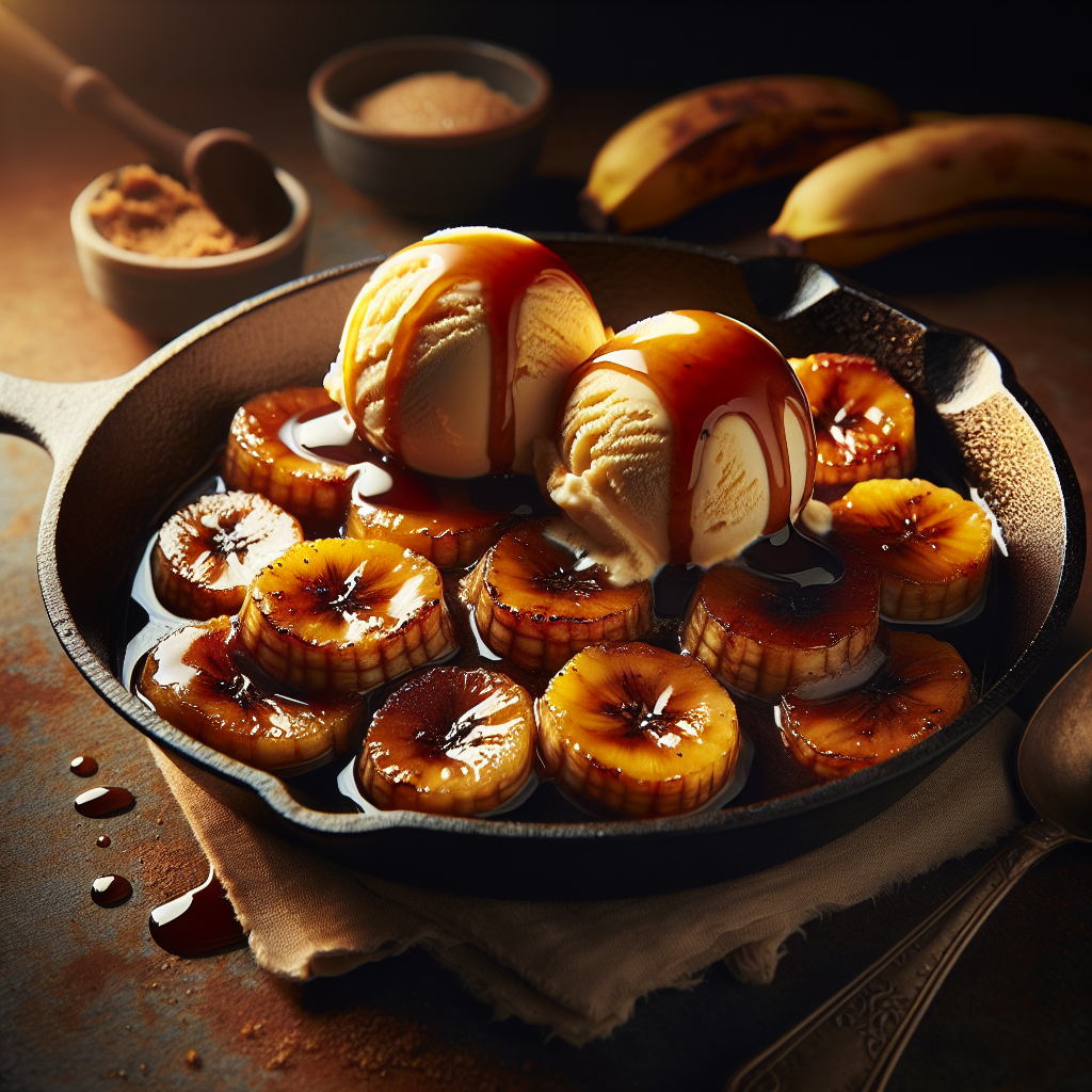 Caramelized bananas in skillet with ice cream