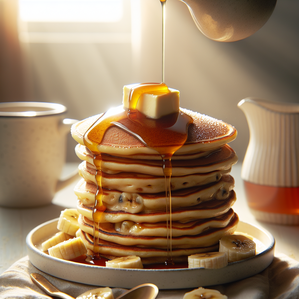 Stack of fluffy banana pancakes with syrup