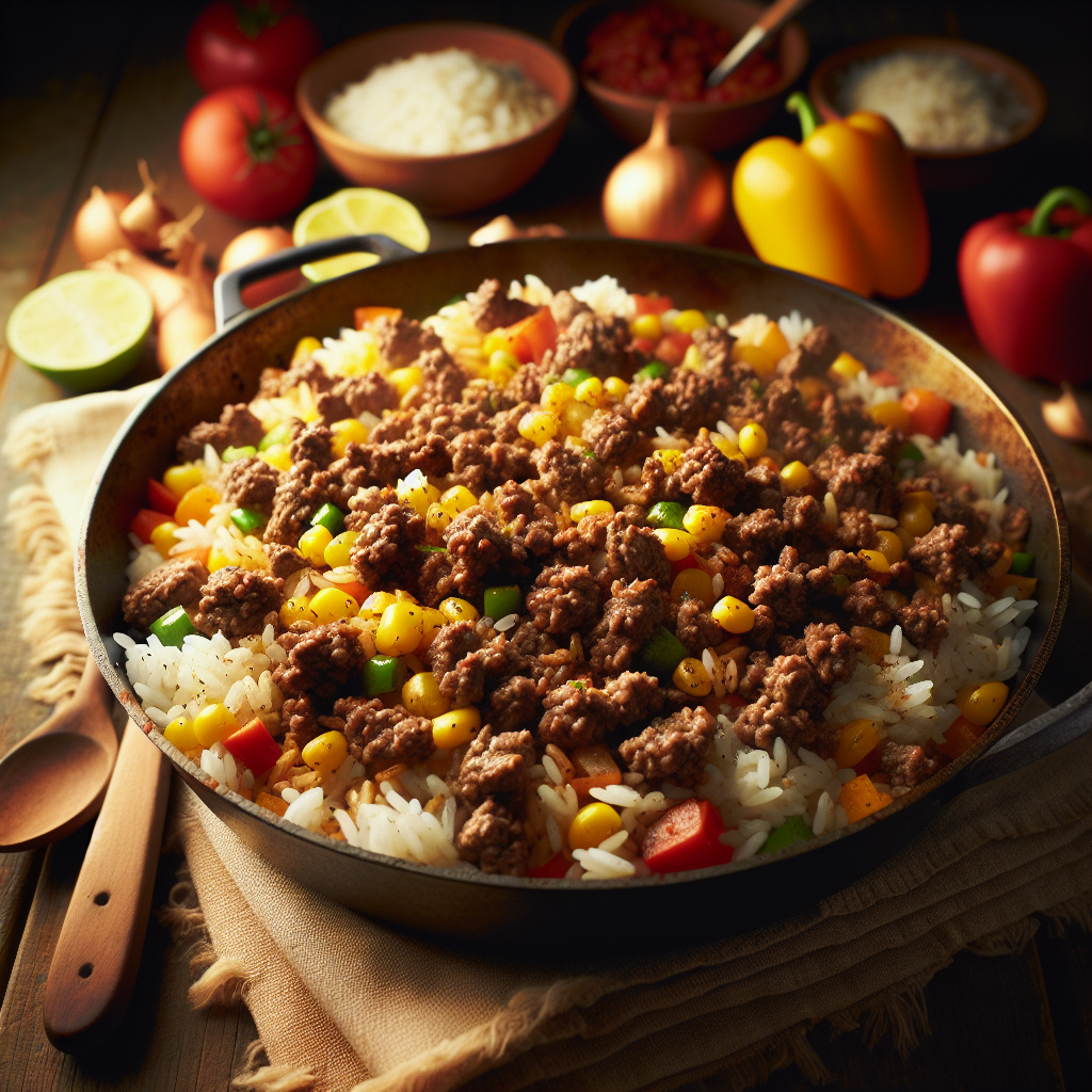 Hearty beef and rice dish in skillet