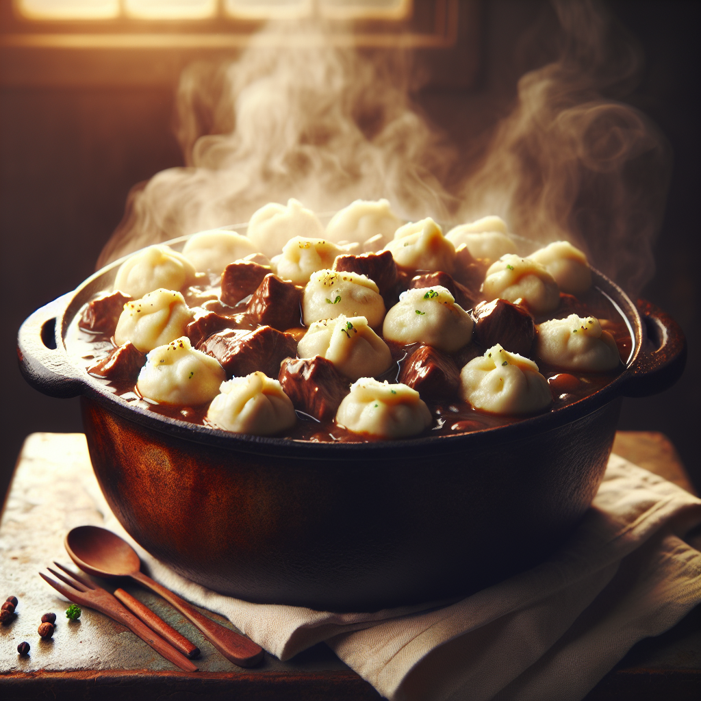 Beef stew topped with fluffy dumplings