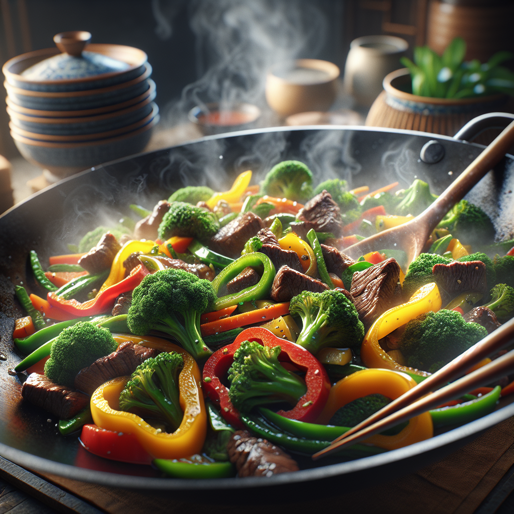 Colorful beef stir-fry in wok with vegetables
