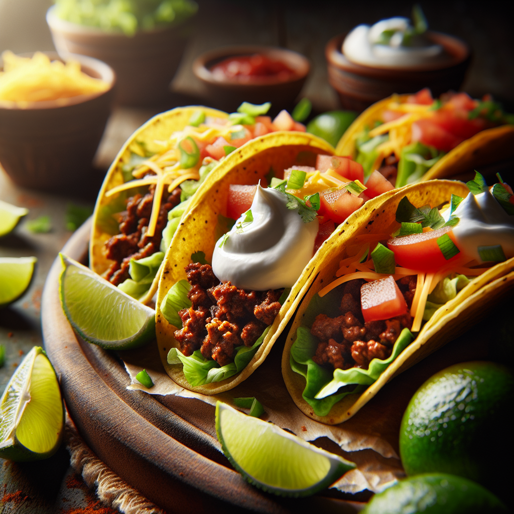 Colorful beef tacos with fresh toppings