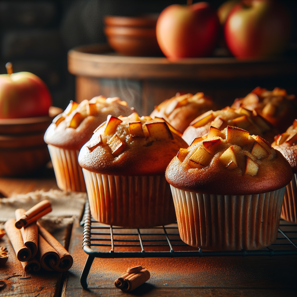 Freshly baked cinnamon apple muffins with visible apple pieces cooling on a wire rack