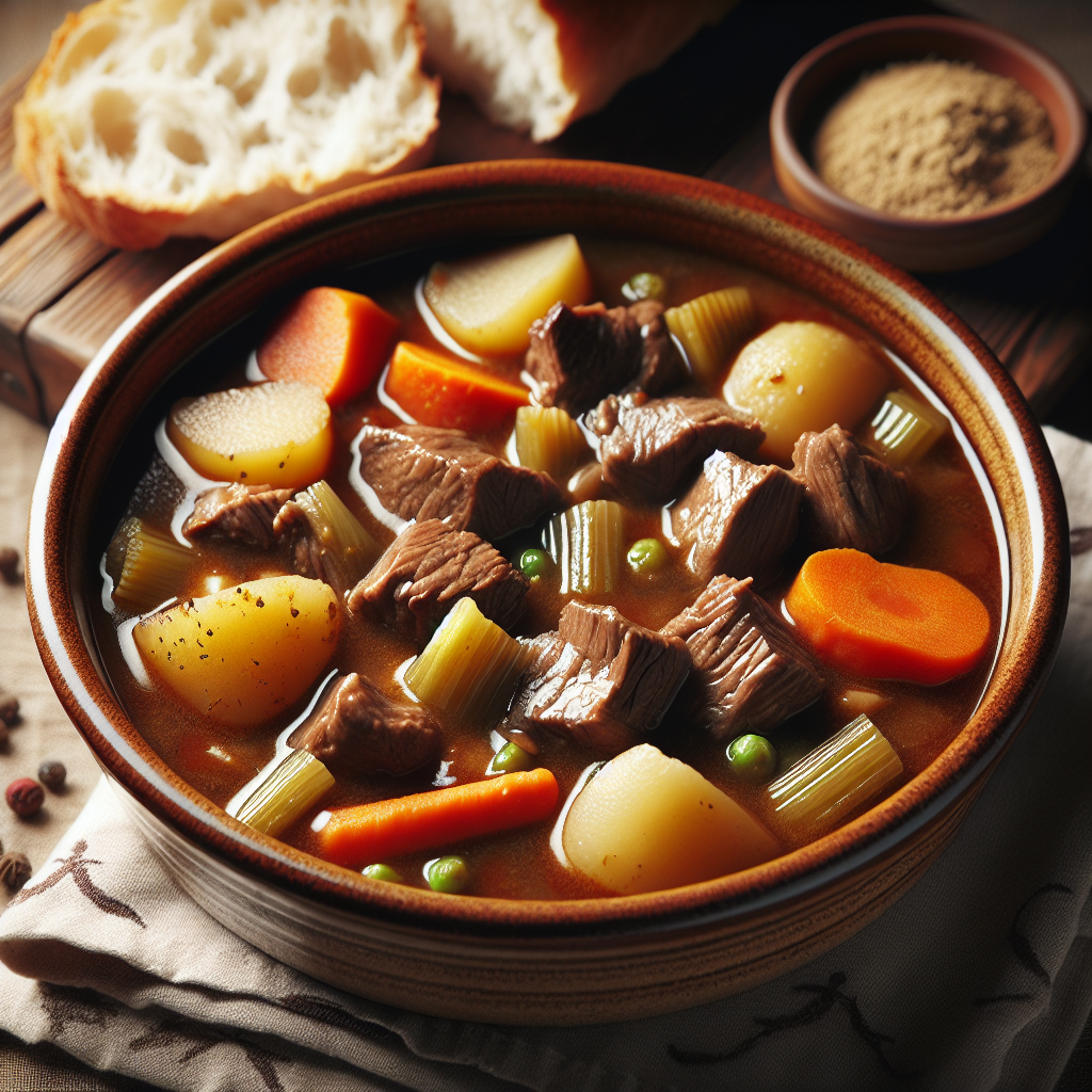 Hearty beef stew with vegetables in bowl