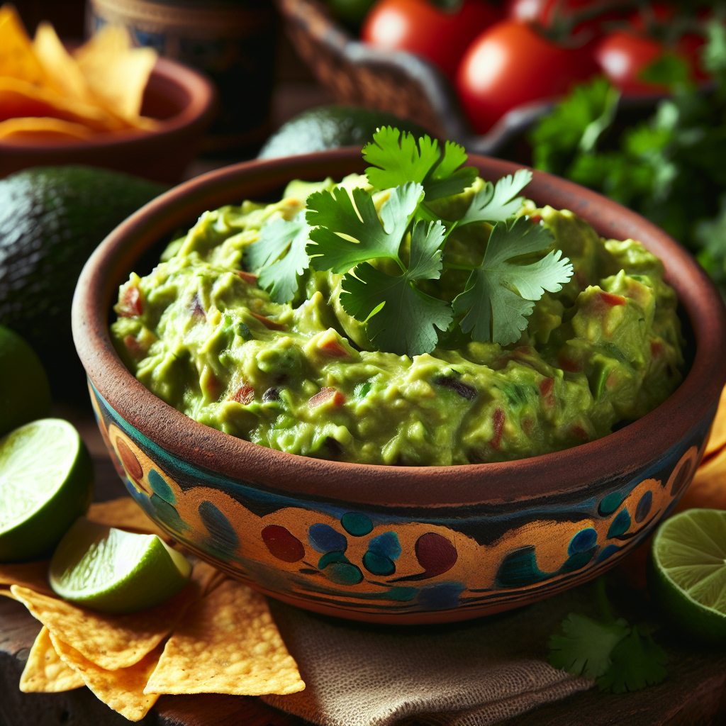 Fresh green guacamole in bowl with tortilla chips