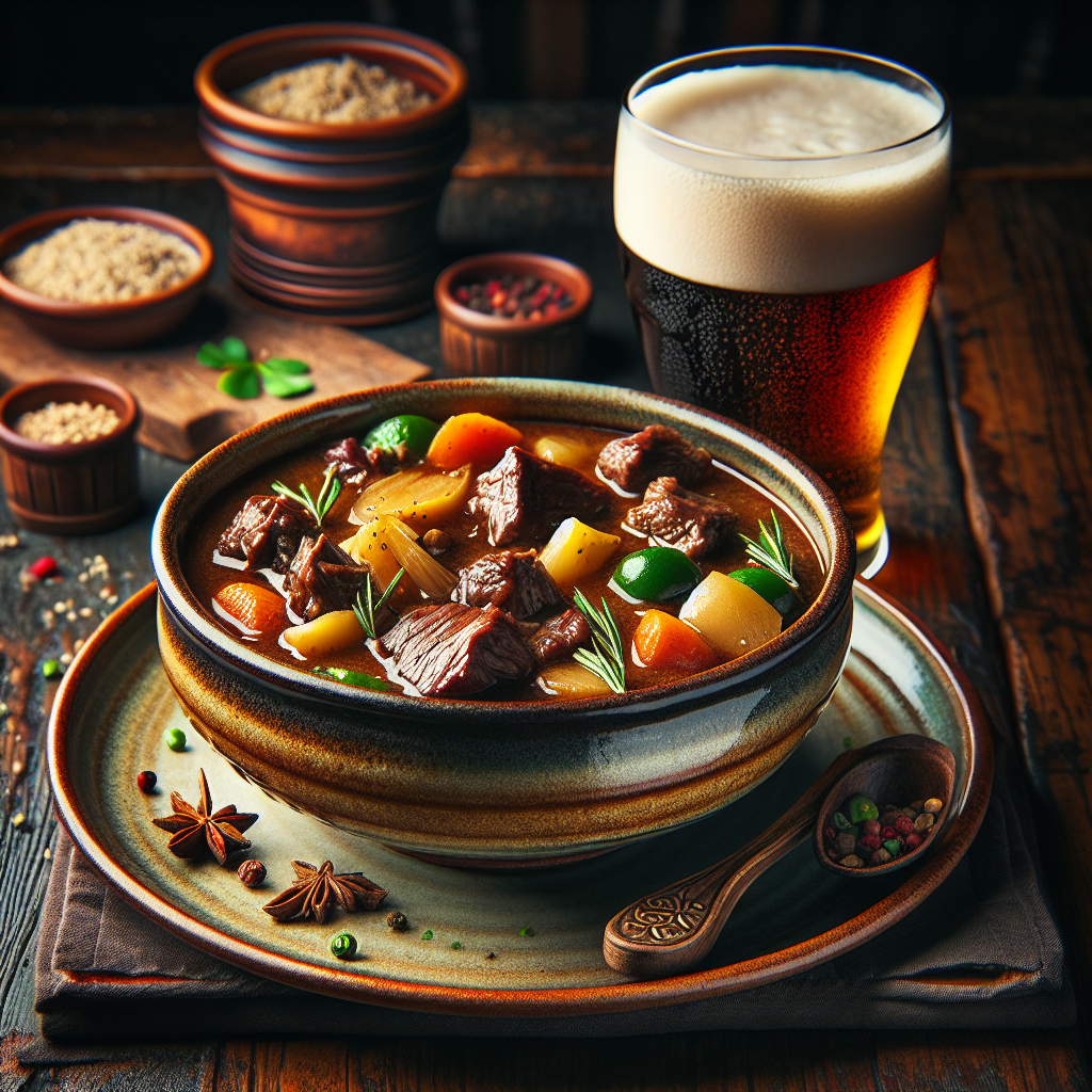 Rich Irish beef stew with Guinness in bowl