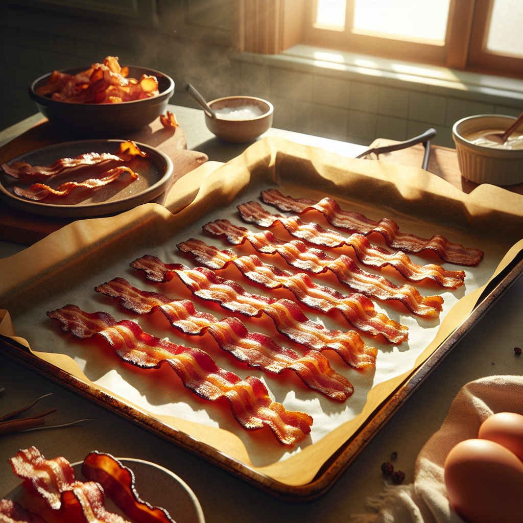 Crispy golden bacon strips on parchment paper