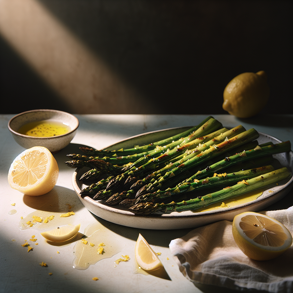 Golden roasted asparagus spears on baking sheet