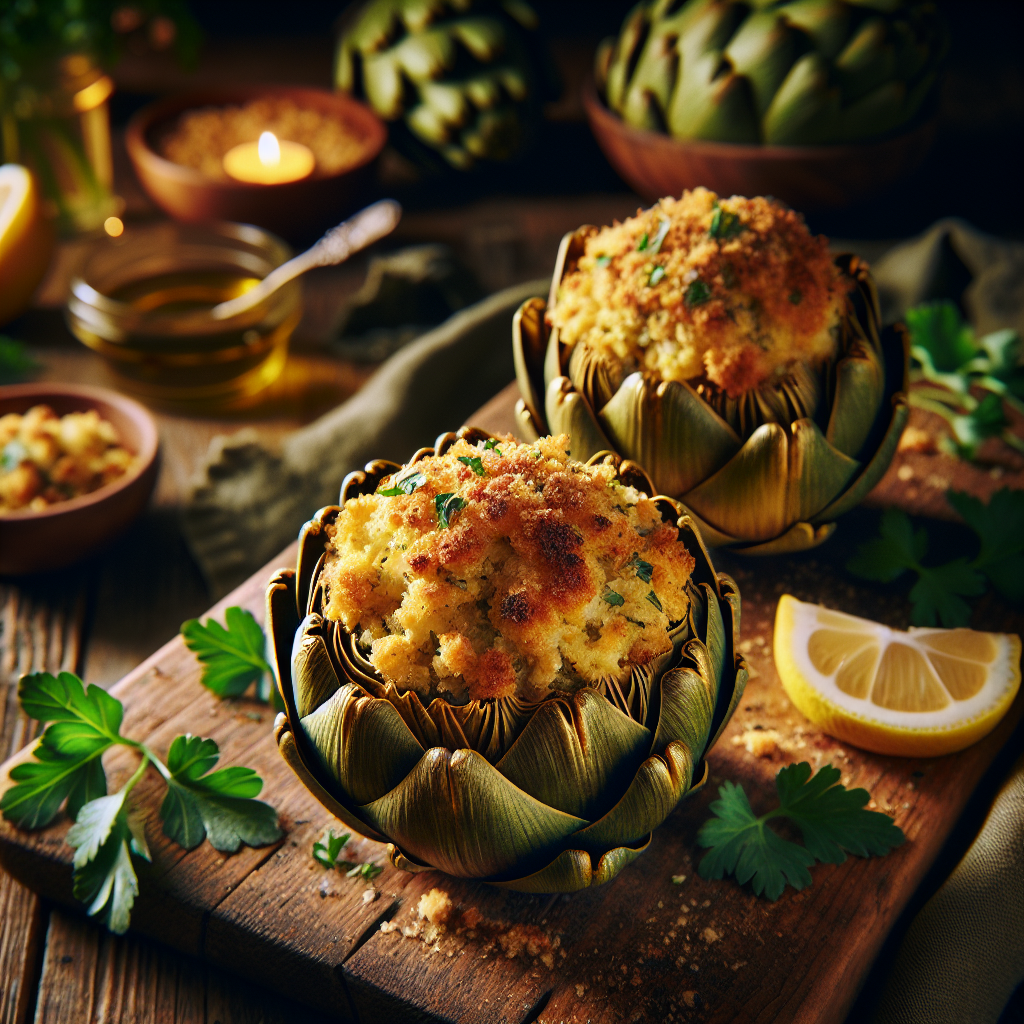 Golden stuffed artichokes with breadcrumb filling